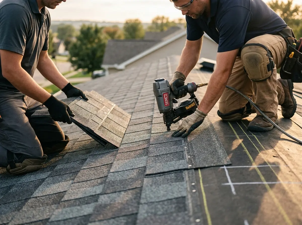 Professional roofer working on a residential roof in West Cocalico